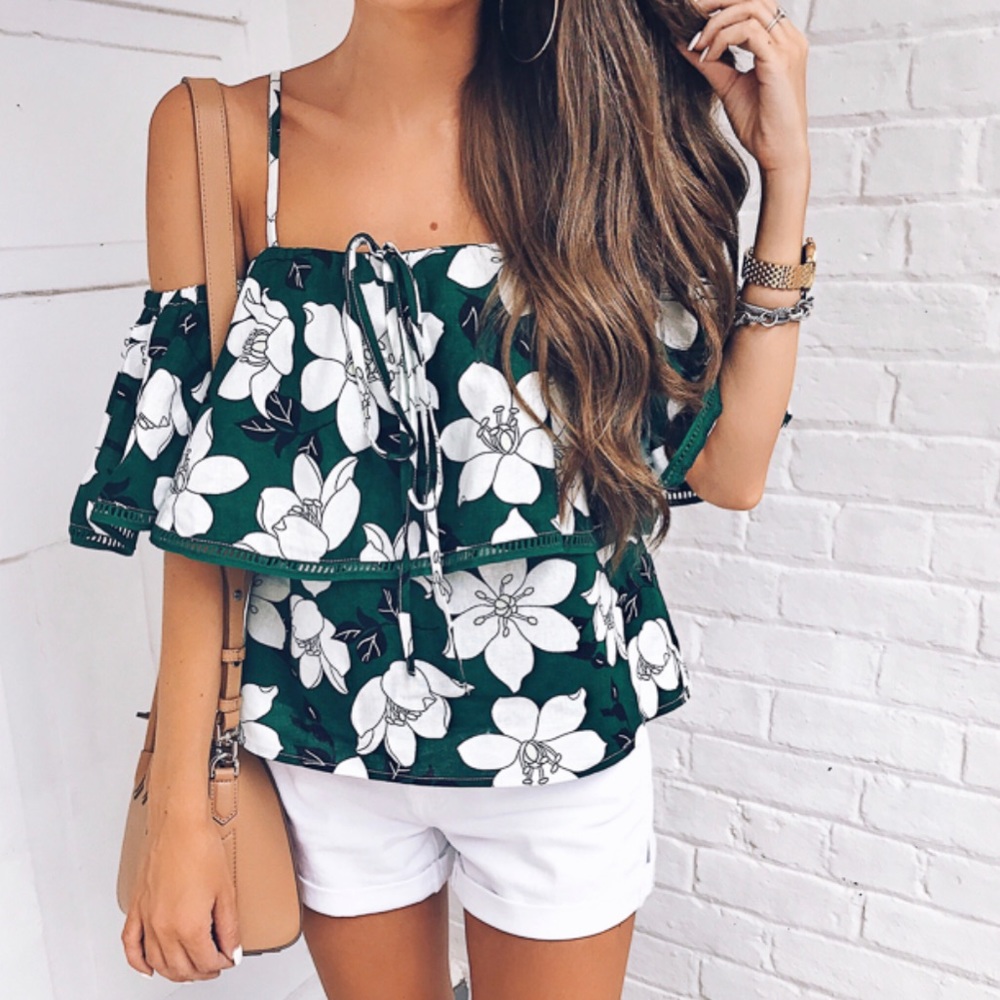 J.O.A. Los Angeles Floral Off Shoulder Top Small Ruffled Cropped Adjustable